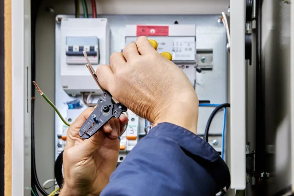 Connecting four-core, three-phase power cable to power supply in an outdoor electrical box, stripping ends of wires of insulation.